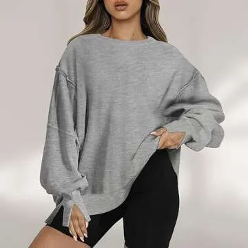 Deals Comfy Sweatshirt for Women Loose Fit Casual Crew Neck Pullover Fashion Long Sleeve Blouses Solid Color Shirt Tops Deals of the Day A-gray