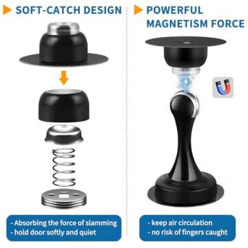 6 Pack Magnetic Door Stops, Black Door Stoppers Magnetic Door Catch Holders Stainless Steel Doorstops Wall Protector with Double-Sided Adhesive Tape No Drilling Door Holder to Keep Door Open