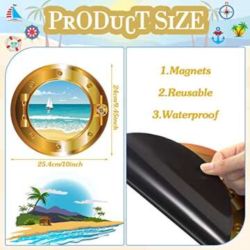 Huwena 4 Pcs Cruise Door Decorations Magnetic Porthole Cruise Door Magnets 10 Inch Set Palm Tree Shi...