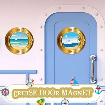 Huwena 4 Pcs Cruise Door Decorations Magnetic Porthole Cruise Door Magnets 10 Inch Set Palm Tree Ships Lighthouses Summer Sea Nature Scenery Fridge Decor for Carnival Refrigerator Car