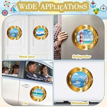 Huwena 4 Pcs Cruise Door Decorations Magnetic Porthole Cruise Door Magnets 10 Inch Set Palm Tree Ships Lighthouses Summer Sea Nature Scenery Fridge Decor for Carnival Refrigerator Car