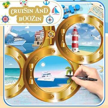 Huwena 4 Pcs Cruise Door Decorations Magnetic Porthole Cruise Door Magnets 10 Inch Set Palm Tree Ships Lighthouses Summer Sea Nature Scenery Fridge Decor for Carnival Refrigerator Car