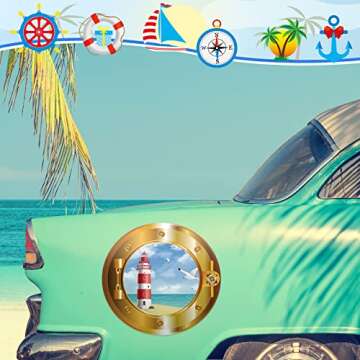 Huwena 4 Pcs Cruise Door Decorations Magnetic Porthole Cruise Door Magnets 10 Inch Set Palm Tree Ships Lighthouses Summer Sea Nature Scenery Fridge Decor for Carnival Refrigerator Car
