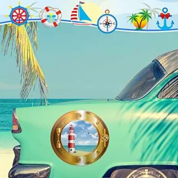 Huwena 4 Pcs Cruise Door Decorations Magnetic Porthole Cruise Door Magnets 10 Inch Set Palm Tree Ships Lighthouses Summer Sea Nature Scenery Fridge Decor for Carnival Refrigerator Car