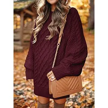 ANRABESS Women Long Sleeve Oversized Cable Knit Chunky Baggy Loose Pullover Tunic Mini Sweater Dress 2024 Trendy Fall Outfits Red X-Small