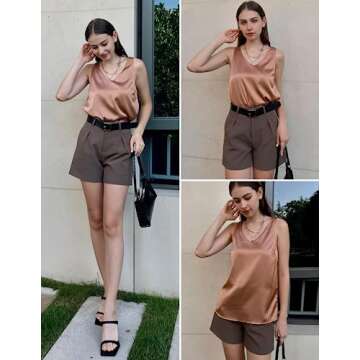 Zeagoo Women 2025 Silk Satin Tank Tops Dressy V Neck Camisole Blouse Casual Sleeveless Cami Summer Tanks Shirt Khaki