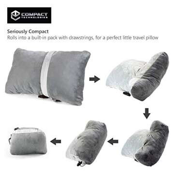 Compact Travel Pillow Made with Shredded Memory Foam and Super Soft Fleece Fabric for Ultimate Comfort in Travel. Patented Design Rolls and Compacts Small for Travel. (Grey)