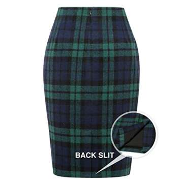 Green Plaid Skirt for Women Green Skirt Women Fall Winter Dresses Bodycon Midi Knee Length Pencil Skirts with Slit, Green, L