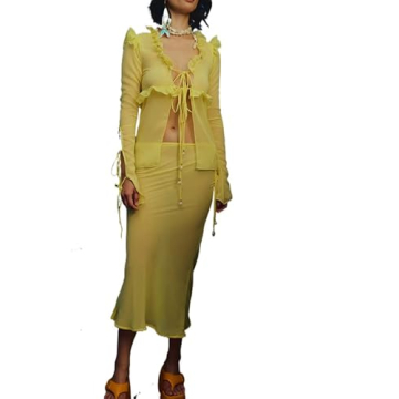 Y2k 2Pcs Women Hollow Out Long Skirt Sets Long Sleeve Cardigan Crop Top Sexy Mesh See Through Cutout...