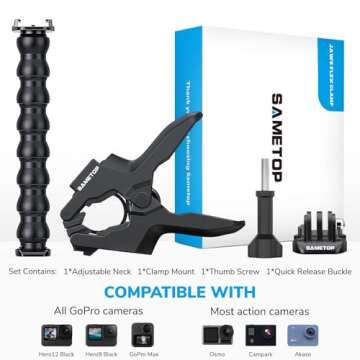 Sametop Jaws Flex Clamp Mount Gooseneck Clip Mount Compatible with GoPro Hero 13, 12, 11, 10, 9, 8, 7, 6, 5, 4, Session, 3+, 3, 2, 1, Max, Hero (2018), Fusion, DJI Osmo Action Cameras
