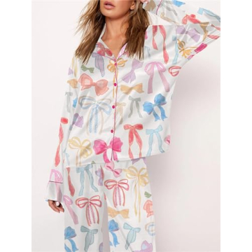 Hassembly Women 2 Piece Casual Cute Lounge Outfit Bow Print Satin Pajama Set Long Sleeve Button Down Shirt and Pants Pj Sets (Bows, L)