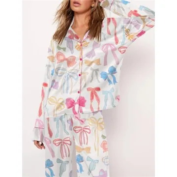 Hassembly Women 2 Piece Casual Cute Lounge Outfit Bow Print Satin Pajama Set Long Sleeve Button Down Shirt and Pants Pj Sets (Bows, L)