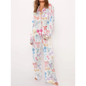 Hassembly Women 2 Piece Casual Cute Lounge Outfit Bow Print Satin Pajama Set Long Sleeve Button Down Shirt and Pants Pj Sets (Bows, L)