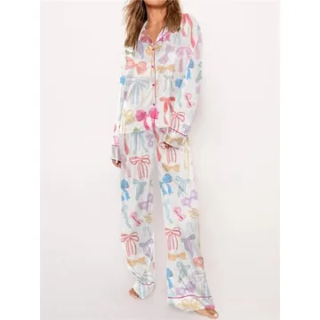 Hassembly Women 2 Piece Casual Cute Lounge Outfit Bow Print Satin Pajama Set Long Sleeve Button Down Shirt and Pants Pj Sets (Bows, L)