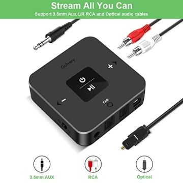 Golvery Bluetooth 5.0 Transmitter Receiver for TV, 2 in 1 Bluetooth Aux Adapter for PC/DVD/MP3/Car/Home Stereo/Speaker/Gym, Optical/RCA/AUX Connection, 25 Hours Playtime, Pair 2 Devices Simultaneously