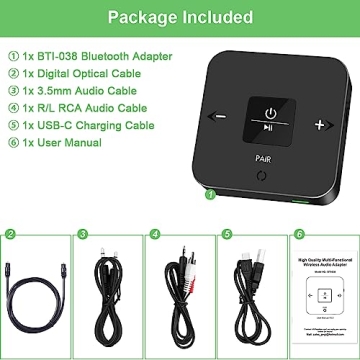 Golvery Bluetooth 5.0 Transmitter Receiver for TV, 2 in 1 Bluetooth Aux Adapter for PC/DVD/MP3/Car/Home Stereo/Speaker/Gym, Optical/RCA/AUX Connection, 25 Hours Playtime, Pair 2 Devices Simultaneously