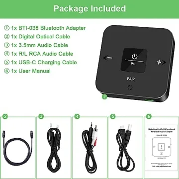 Golvery Bluetooth 5.0 Transmitter Receiver for TV, 2 in 1 Bluetooth Aux Adapter for PC/DVD/MP3/Car/Home Stereo/Speaker/Gym, Optical/RCA/AUX Connection, 25 Hours Playtime, Pair 2 Devices Simultaneously