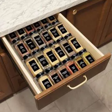 AISIPRIN 24 Pcs Glass Spice Jars with 398 Labels, 4oz Empty Square Spice Containers Seasoning Bottles - Shaker Lids, Funnel, Brush and Marker Included(Black Metal Caps)