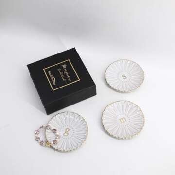 Sunflower Monogram Ceramic Jewelry Tray for Her