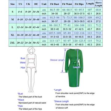 JASAMBAC Women's Wear to Work Dresses Long Sleeve Bodycon Pencil Business Dress with Belt Green