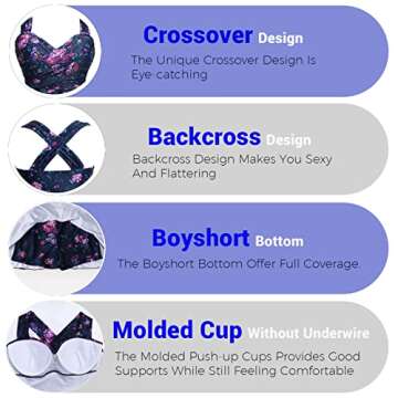 COCOPEAR Women Elegant Crossover One Piece Swimdress Floral Skirted Swimsuit(FBA),Royalblue,Large / 8-10