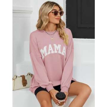 Micoson Mama Shirts for Women Womens Oversized Crewneck Sweatshirts Long Sleeve Drop Shoulder Casual Loose Pullover Tops Pink Small