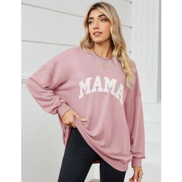 Micoson Mama Shirts for Women Womens Oversized Crewneck Sweatshirts Long Sleeve Drop Shoulder Casual Loose Pullover Tops Pink Small
