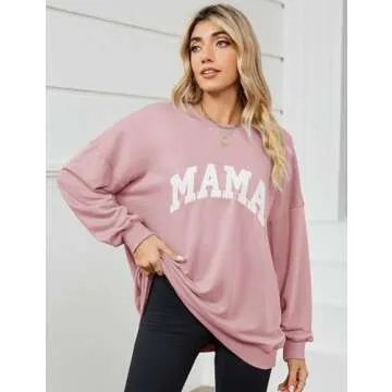Micoson Mama Shirts for Women Womens Oversized Crewneck Sweatshirts Long Sleeve Drop Shoulder Casual Loose Pullover Tops Pink Small