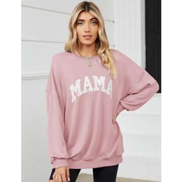 Micoson Mama Shirts for Women Womens Oversized Crewneck Sweatshirts Long Sleeve Drop Shoulder Casual Loose Pullover Tops Pink Small