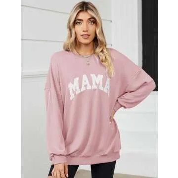 Micoson Mama Shirts for Women Womens Oversized Crewneck Sweatshirts Long Sleeve Drop Shoulder Casual Loose Pullover Tops Pink Small