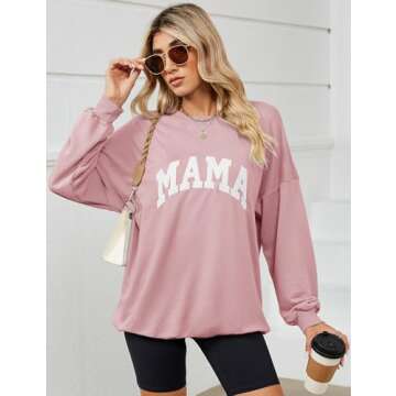 Micoson Mama Shirts for Women Womens Oversized Crewneck Sweatshirts Long Sleeve Drop Shoulder Casual Loose Pullover Tops Pink Small