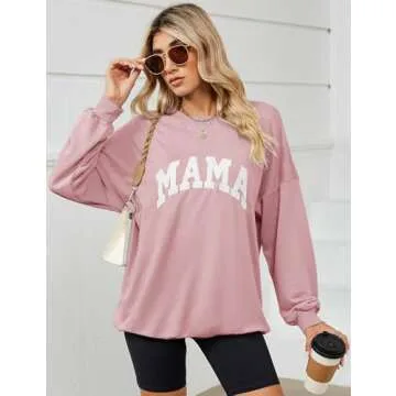 Micoson Mama Shirts for Women Womens Oversized Crewneck Sweatshirts Long Sleeve Drop Shoulder Casual Loose Pullover Tops Pink Small