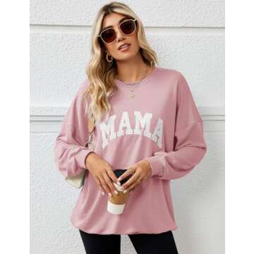 Micoson Mama Shirts for Women Womens Oversized Crewneck Sweatshirts Long Sleeve Drop Shoulder Casual Loose Pullover Tops Pink Small
