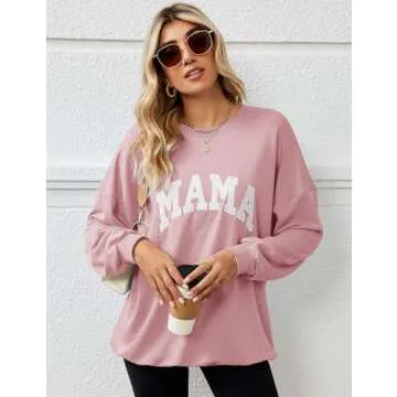 Micoson Mama Shirts for Women Womens Oversized Crewneck Sweatshirts Long Sleeve Drop Shoulder Casual Loose Pullover Tops Pink Small