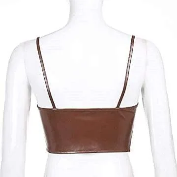 Modegal Women's Vintage Faux PU Leather Hook Front Slim Fit Bustier Open Back Cami Corset Top (PU Brown, S)
