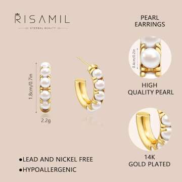 Risamil Pearl Hoop Earrings for Women - Gold Hoop Earrings Pearl Earrings for Women Trendy Jewelry Gifts 14k Gold Earrings with Pearl Huggie Earrings | Twisted Rope | Pearl Dangle | Zircon