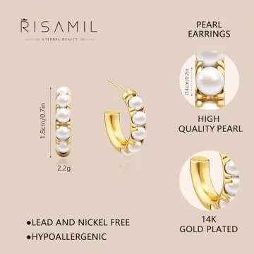 Risamil Pearl Hoop Earrings for Women - Gold Hoop Earrings Pearl Earrings for Women Trendy Jewelry Gifts 14k Gold Earrings with Pearl Huggie Earrings | Twisted Rope | Pearl Dangle | Zircon