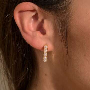 Risamil Pearl Hoop Earrings for Women - Gold Hoop Earrings Pearl Earrings for Women Trendy Jewelry Gifts 14k Gold Earrings with Pearl Huggie Earrings | Twisted Rope | Pearl Dangle | Zircon