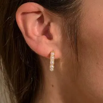 Risamil Pearl Hoop Earrings for Women - Gold Hoop Earrings Pearl Earrings for Women Trendy Jewelry Gifts 14k Gold Earrings with Pearl Huggie Earrings | Twisted Rope | Pearl Dangle | Zircon