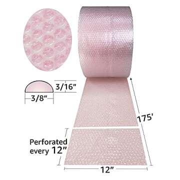 Small 3/16-Inch Pink Anti-Static Bubble Cushioning Wrap Roll, 175-Foot by 12-Inches Wide, 12-Inch Pe...