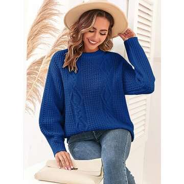 ZAFUL Womens Sweater Cable Knit Oversized Sweaters Crewneck Long Sleeves Casual Knit Pullover Tops Royal Blue L