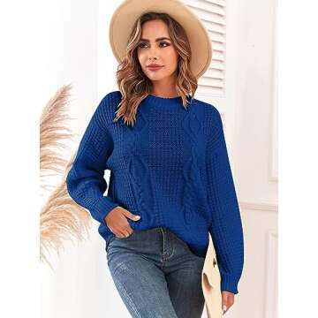ZAFUL Womens Sweater Cable Knit Oversized Sweaters Crewneck Long Sleeves Casual Knit Pullover Tops Royal Blue L
