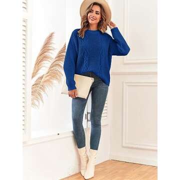 ZAFUL Womens Sweater Cable Knit Oversized Sweaters Crewneck Long Sleeves Casual Knit Pullover Tops Royal Blue L