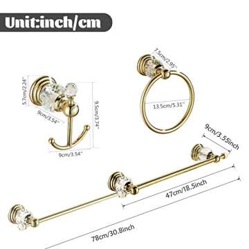 WINCASE Gold Bathroom Accessories, Adjustable Crystal Towel Bar Set, Golden Hardware Set Hand Towel Ring Racks Paper Holder Hook Wall Mounted
