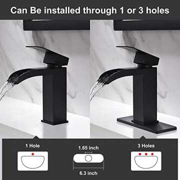 BRAVEBAR Waterfall Bathroom Faucet Black - Single Handle Bathroom Sink Faucets 1 or 4In 3 Hole Solid Vanity Faucet with Deck Plate & Overflow Pop Up Drain Matte Black