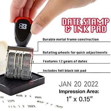 BAZIC Date Stamp & Ink Pad - 12 Years of Dates, Durable Design for Office