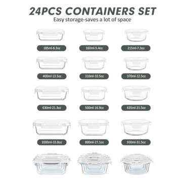 VERONES 24 Pieces Glass Food Storage Containers Set, Airtight Glass Lunch Containers, Glass Meal Pre...