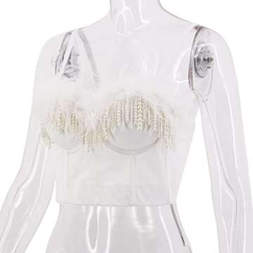 Erinaco Women Sexy Faux Fur Beaded Tassel Crop Top Spaghetti Strap V Neck Low-Cut Tank Top Sleeveless Camisole