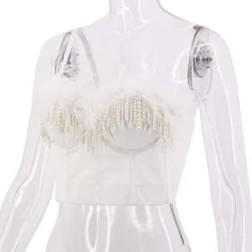 Erinaco Women Sexy Faux Fur Beaded Tassel Crop Top Spaghetti Strap V Neck Low-Cut Tank Top Sleeveless Camisole