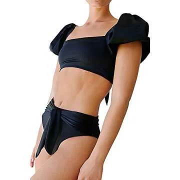 Women's High Waisted Bandeau Bikini Set,Fashion Puff Sleeve Swimwear Set Two Piece Swimsuit Sexy Bea...